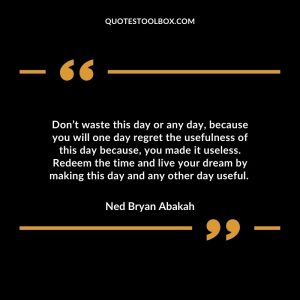 Don’t waste this day or any day, because you will one day regret the usefulness of this day because, you made it useless. Redeem the time and live your dream by making this day and any other day useful.