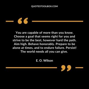 You are capable of more than you know. Choose a goal that seems right for you and strive to be the best, however hard the path. Aim high. Behave honorably. Prepare to be alone at times, and to endure failure. Persist! The world needs all you can give.