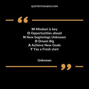 M Mindset is key O Opportunities ahead N New beginnings D Dream Big A Achieve New Goals Y Yay a Fresh start