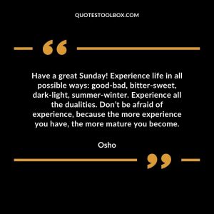 Have a great Sunday! Experience life in all possible ways good-bad, bitter-sweet, dark-light, summer-winter. Experience all the dualities. Don’t be afraid of experience, because the more experience you have, the more mature you become