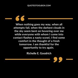 When nothing goes my way, when all attempts fail, when the darkest clouds in the sky seem bent on hovering over me while everyone with whom I come into contact flashes a nasty scowl, I find some comfort in the thought of a fresh tomorrow. I am thankful for the opportunity to try again.