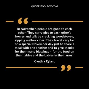 In November, people are good to each other. They carry pies to each other’s homes and talk by crackling woodstoves, sipping mellow cider. They travel very far on a special November day just to share a meal with one another and to give thanks for their many blessings – for the food on their tables and the babies in their arms