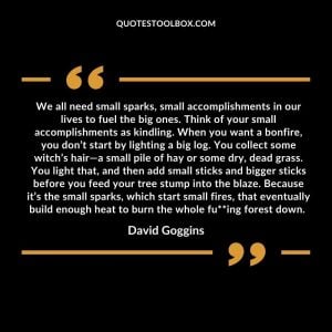 We all need small sparks, small accomplishments in our lives to fuel the big ones. Think of your small accomplishments as kindling. When you want a bonfire, you don’t start by lighting a big log. You collect some witch’s hair—a small pile of hay or some dry, dead grass. You light that, and then add small sticks and bigger sticks before you feed your tree stump into the blaze. Because it’s the small sparks, which start small fires, that eventually build enough heat to burn the whole fu**ing forest down.