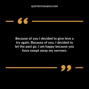 Because of you I decided to give love a try again. Because of you, I decided to let the past go. I am happy because you have swept away my sorrows.