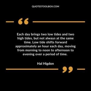 Each day brings two low tides and two high tides, but not always at the same time. Low tide shifts forward approximately an hour each day, moving from morning to noon to afternoon to evening over a period of time.
