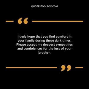 I truly hope that you find comfort in your family during these dark times. Please accept my deepest sympathies and condolences for the loss of your brother