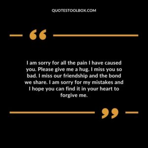I am sorry for all the pain I have caused you. Please give me a hug. I miss you so bad. I miss our friendship and the bond we share.