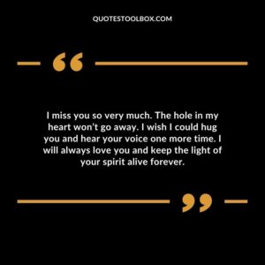 I miss you so very much. The hole in my heart won’t go away. I wish I could hug you and hear your voice one more time. I will always love you and keep the light of your spirit alive forever
