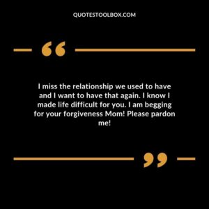 I miss the relationship we used to have and I want to have that again. I know I made life difficult for you. I am begging for your forgiveness Mom! Please pardon me