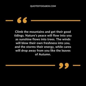 Climb the mountains and get their good tidings. Nature’s peace will flow into you as sunshine flows into trees. The winds will blow their own freshness into you, and the storms the