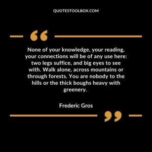 None of your knowledge, your reading, your connections will be of any use here two legs suffice, and big eyes to see with. Walk alone, across mountains or through forests. You are