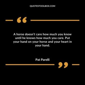 A horse doesn’t care how much you know until he knows how much you care. Put your hand on your horse and your heart in your hand.