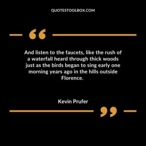 And listen to the faucets like the rush of a waterfall heard through thick woods just as the birds began to sing early one morning years ago in the hills outside Florence.