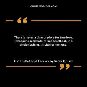 There is never a time or place for true love. It happens accidentally, in a heartbeat, in a single flashing, throbbing moment.