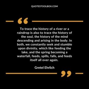 To trace the history of a river or a raindrop is also to trace the history of the soul, the history of the mind descending and arising in the body. In both, we constantly