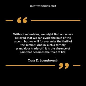 Without mountains, we might find ourselves relieved that we can avoid the pain of the ascent, but we will forever miss the thrill of the summit.