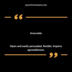 Amenable Open and easily persuaded flexible. Inspires agreeableness.
