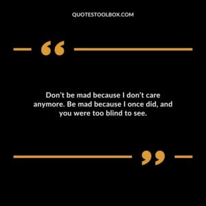 Dont be mad because I dont care anymore. Be mad because I once did and you were too blind to see.