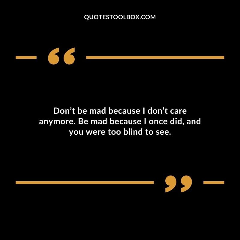 Dont be mad because I dont care anymore. Be mad because I once did and you were too blind to see.