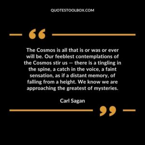 The Cosmos is all that is or was or ever will be. Our feeblest contemplations of the Cosmos stir us there is a tingling in the spine, a catch in the voice, a fain