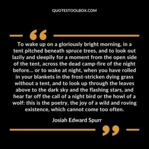 To wake up on a gloriously bright morning, in a tent pitched beneath spruce trees, and to look out lazily and sleepily for a moment from the open side of the tent, across the dead camp fire