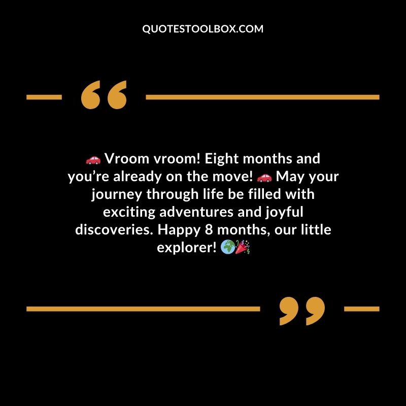 Vroom vroom! Eight months and youre already on the move! May your journey through life be filled with exciting adventures and joyful discoveries. Happy 8 months our little explorer!