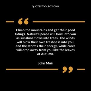 Climb the mountains and get their good tidings. Nature’s peace will flow into you as sunshine flows into trees. The winds will blow their own freshness into you, and the storms their