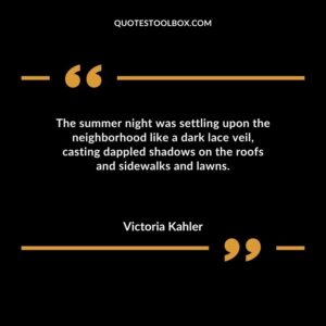 The summer night was settling upon the neighborhood like a dark lace veil casting dappled shadows on the roofs and sidewalks and lawns.